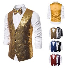 Men Glitter Sequin Waistcoat Business Party Dress Suit Button Down Dance Vest
