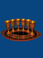 Russian Khokhloma Hand-Painted Wooden Tray & 6 Goblets Set