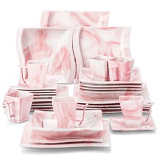 MALACASA Flora 30-Piece Dinnerware Set Porcelain Wave-shape Dishware Marble Pink