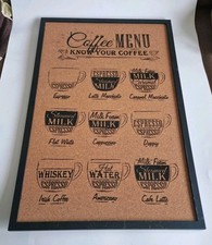 Coffee MENU KNOW YOUR COFFEE Café Corkboard Wall / Door Sign 60 x 40 cm.