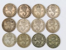 Run 12 silver 3P, three pence coins, 1911 - 1922 #40