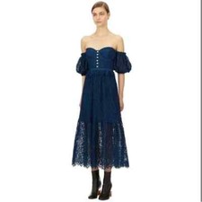 Self Portrait Petrol Blue Fine Corded Lace Midi Dress. UK 14. Diamante Straps