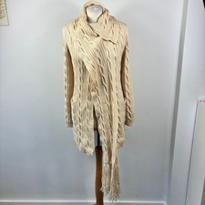 Luisa Spagnoli Pure Wool Chunky Cable Knit Long Cardigan UK S Beige Scarf Detail