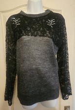 Zara Grey Lace & Sequin Knit Sweater Top XL Alpaca Blend Long Sleeve