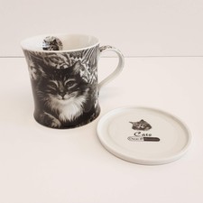 Oscar & Bromley Ceramic Cat Coffee Tea Mug Cup With Lid/Coaster Black & White