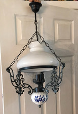 Vintage Wrought Iron Hanging Lamp with Porcelain Base
