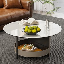 Coffee Table 2-Tier Glossy Slate Tabletop and PU Shelf Center Table Living Room