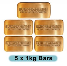 5 x 1kg European Mint Copper Cast Bar 999 Fine 5 kilo Bullion 5000g Ingot Bulk
