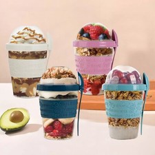 Yogurt Cup with Lid & Spoon Muesli Cereal Overnight Oats Container On the Go Pot
