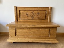 Antique Solid Oak Storage Bench / Settle with Carved Floral Motif