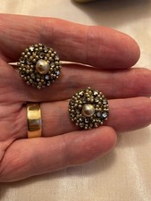 Original Miriam Haskell Rhinestones & Faux Seed Pearl Clip On Earrings Signed