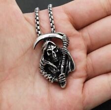 Stainless Steel Death Skull Grim Reaper's Scythe Pendant Necklace Womens Mens