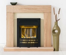 ELECTRIC FIRE OAK FIREPLACE SURROUND CREAM HEARTH BLACK LED STEEL PEBBLES BNIB