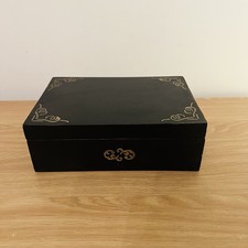 Vintage Wooden Jewellery Box Black Gold Stencilled Restored Storage 24cm