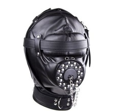 Black Fetish Gimp Mask & Mouth Gag Plug with Liquid Funnel PU Leather Gimp Hood