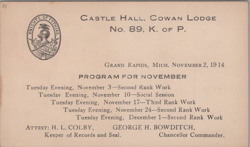 1914 knights pythias - pythias, cowan