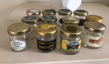 12 x EMPTY MINI GLASS JAM JARS WITH GOLD LIDS, PRESERVES/STORAGE/CRAFTS/CANDLES
