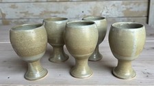 5 Vintage Studio Pottery Goblets Wine Water Glasses Green Blue Glaze Mid Century