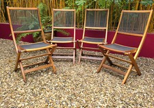 4 Vintage Folding Solid Hardwood Garden Deck Chairs Metal Mesh Seat & Back FSC