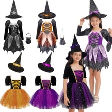 Girls Witch Outfit Halloween Princess Costume with Witch Hat and Candy Bag 