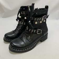 Forever 21 Black Combat Chic Pearl Studded Buckle Details Ankle Boots UK Size 8