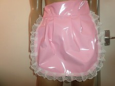 PRETTY FETISH GLOSSY THICK PINK PLASTIC  APRON  FRILLY LACE EDGE ONE SIZE + hat 