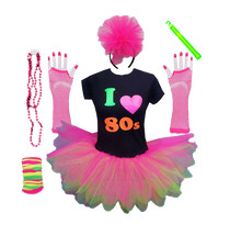 I LOVE 80s Neon Pink Tutu Fancy Dress Set – 80’s Costume with T-Shirt, Leg Warme
