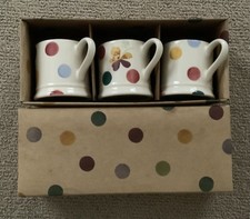 EMMA BRIDGEWATER SET of 3 ESPRESSO, BABY  MUGS  with CANDLES, polka dots, pansy.