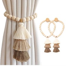 Magnetic Wooden Bead Curtain Tiebacks 2 PCS Magnetic Tassel Curtain Tie Backs