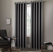 Pair of EYELET Ring Top Plain Thermal BLACKOUT LINED Curtains with Tie Backs