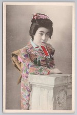 Superb Hand-Tinted Japanese Geisha Maiko Portrait Kimono Kanzashi Postcard