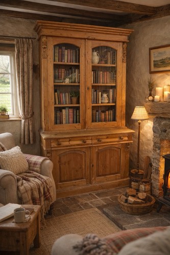 Antique pine bookcase cabinet - pine,