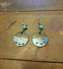 EARRINGS WOODEN HAND PAINTEDCWITH BEAD AQUA BEAD SURGICAL STEEL HOOK
