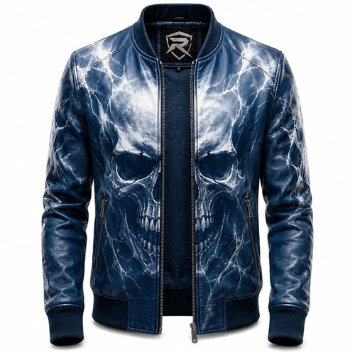 Men blue leather bomber - blue,