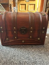 Wooden Jewellery Box Shaped Like Pirates Chest Faux Leather And Straps Treasure