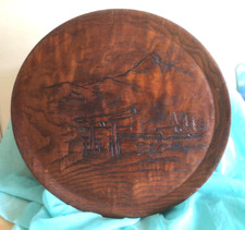 Vintage round wooden Serving Tray Japanese Hand Carved/ Engraved /wall hanging