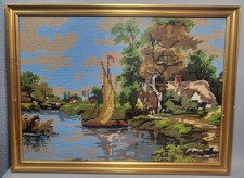 Vintage Riverside Cottage with Sailing Boat Garden Tapestry Glazed 53x40cm 