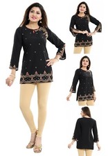 Women Ethnic Top Short Black Embroidery Kurtis Top Tunic Kurta Shirt Dress BD411