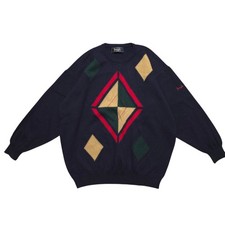 Vintage Pringle of Scotland Blue Wool Jumper Mens Extra Large Diamond Crew Neck