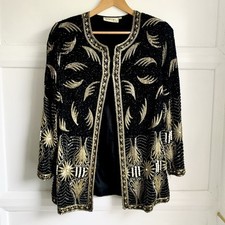 VINTAGE Sequin Beaded Silk Evening Festival Jacket Black Gold Pearl Handmade 