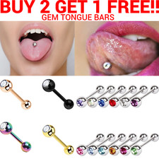 Silver Tongue Bars Bar Gem Surgical Steel Barbell Piercing Ear Eyebrow Nipple UK