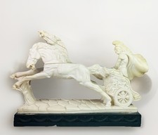 Vintage Italian L T Pat Alabaster Roman Chariot Racer Sculpture Black Wood Base
