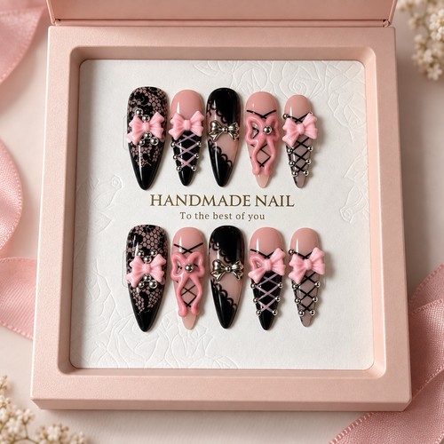 Reusable pink black lace - black, bow