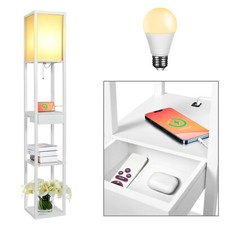 Wood Floor Lamp Modern Standing Light with Shelves USB Charging Port Drawer Bulb