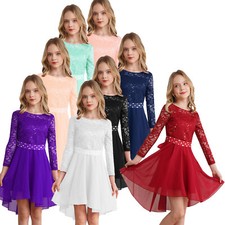 UK Girls Floral Lace Chiffon High-Low Dress Long Sleeve Pageant Party Dress