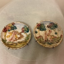  Pair Vintage Capodimonte Decorative Plate Cherubs 3D Raised Relief Italy 