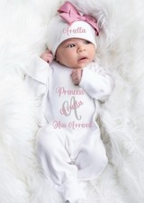 Newborn Baby Girl babygrow Romper Hat Personalised Set Princess Bows Clothes