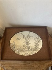 Vintage, Pewter? Inlaid Embossed Wooden Tray- Sturdy, Functional Unusual- 16.5”