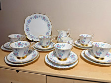 21 pcs Clare Bone China tea set tea cups saucers sides turquoise blue & pink