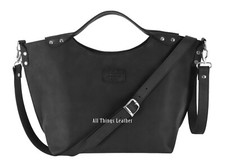 Ladies Leather Top Handbag Shoulder Bag Black Crazy Horse Goat Handle Tote Bag